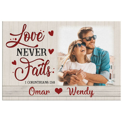Personalized "Love Never Fails" Christian Wall Art Canvas with Custom Photo and Names