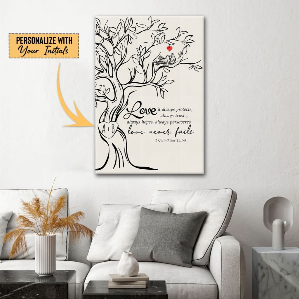 Love Never Fails, Personalized Initials Carved In Tree, Christian Wall Art Canvas