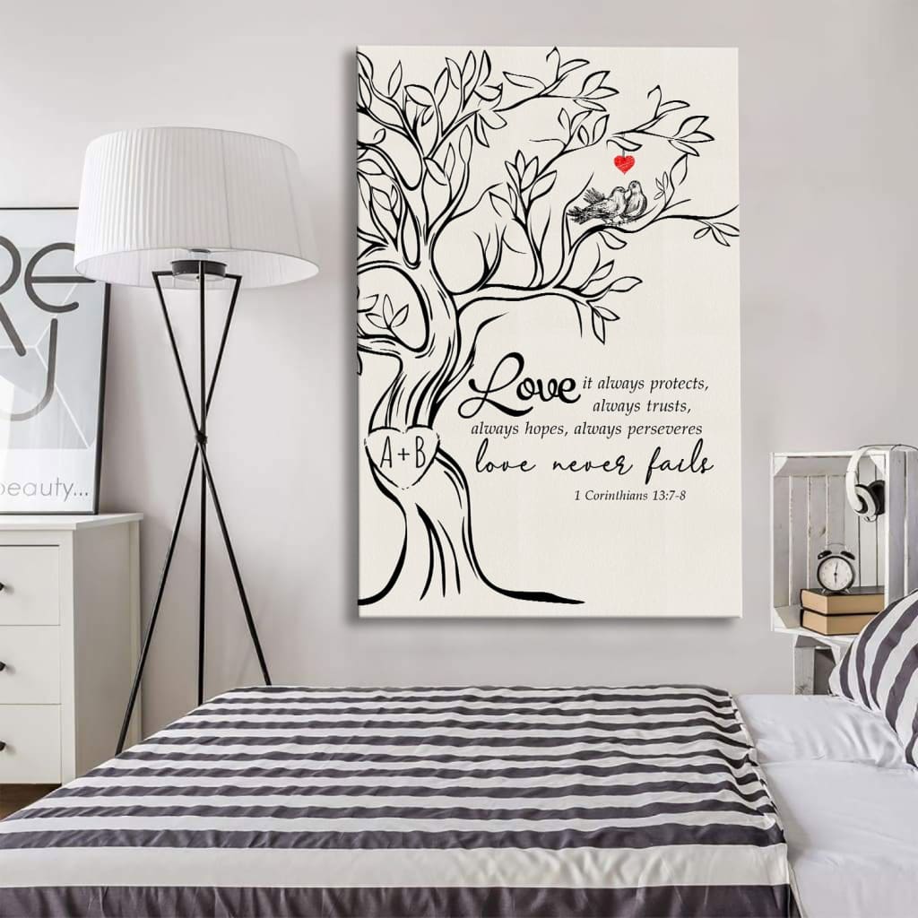 Love Never Fails, Personalized Initials Carved In Tree, Christian Wall Art Canvas