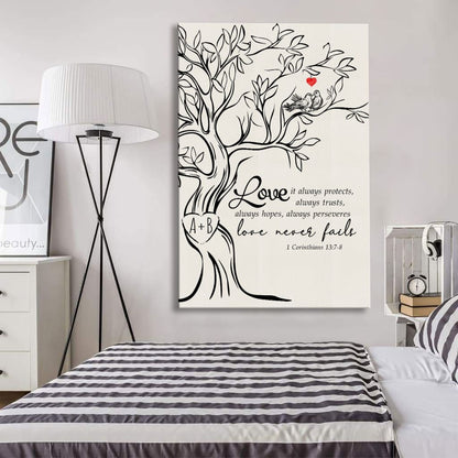 Love Never Fails, Personalized Initials Carved In Tree, Christian Wall Art Canvas