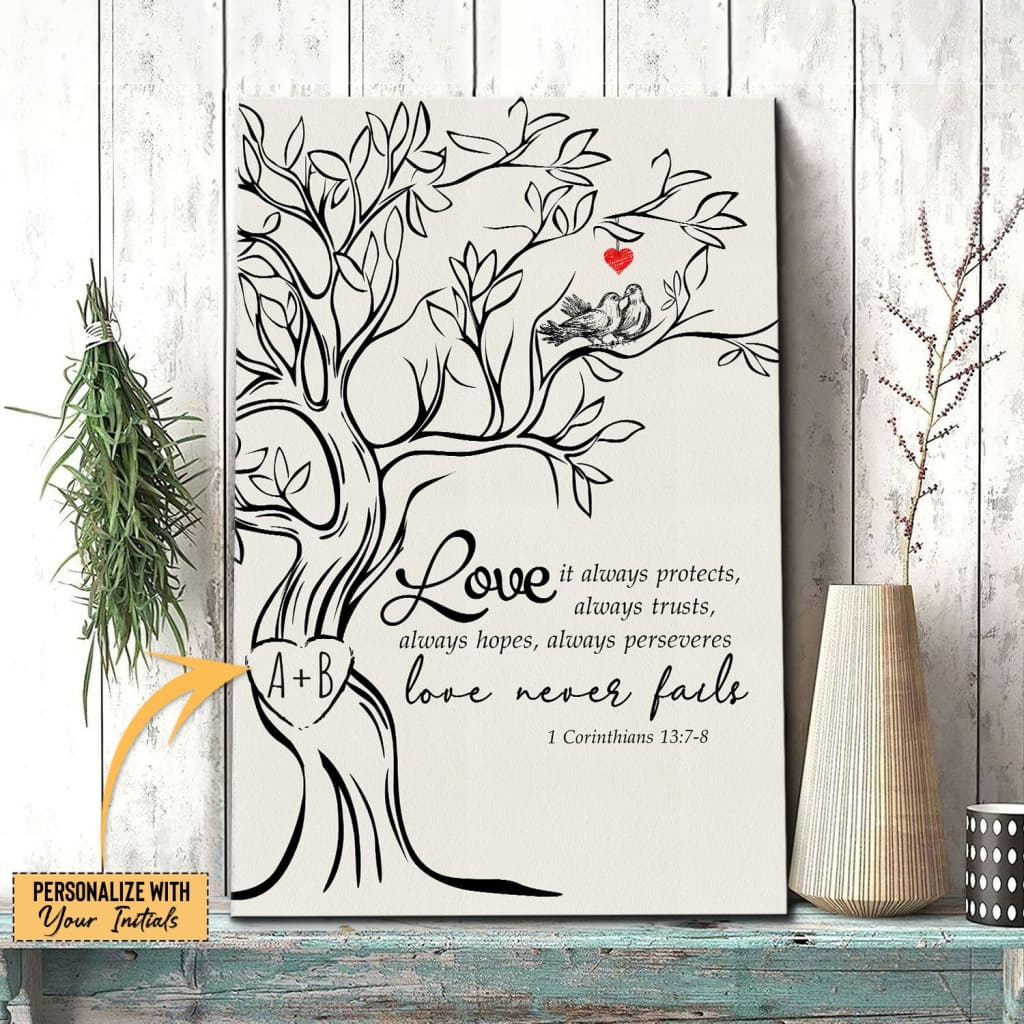 Love Never Fails, Personalized Initials Carved In Tree, Christian Wall Art Canvas