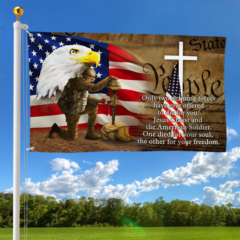 Owe To Jesus Christ And The American Soldier Grommet Flag. Veteran Christ Cross Grommet Flag