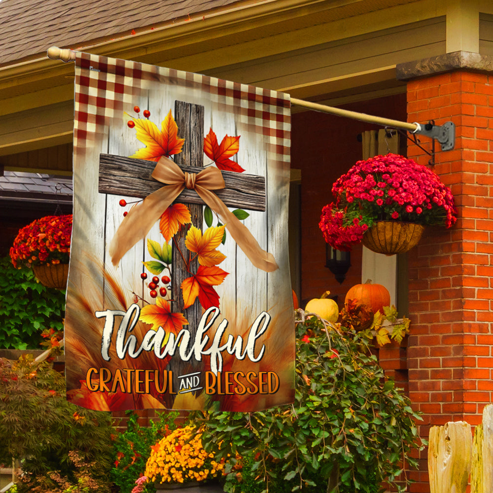 Fall Cross Thankful Grateful And Blessed Thanksgiving Halloween Flag