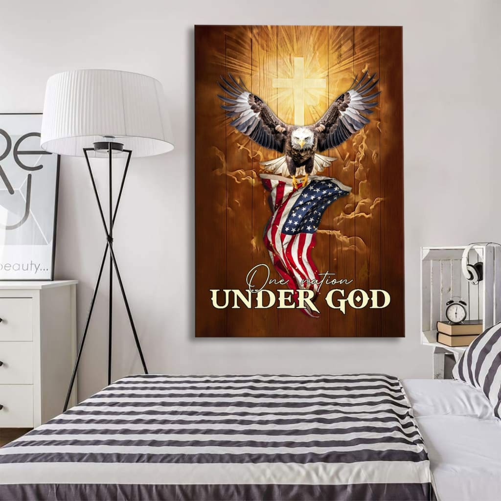One Nation Under God, Bald Eagle With American Flag, Wall Art Canvas