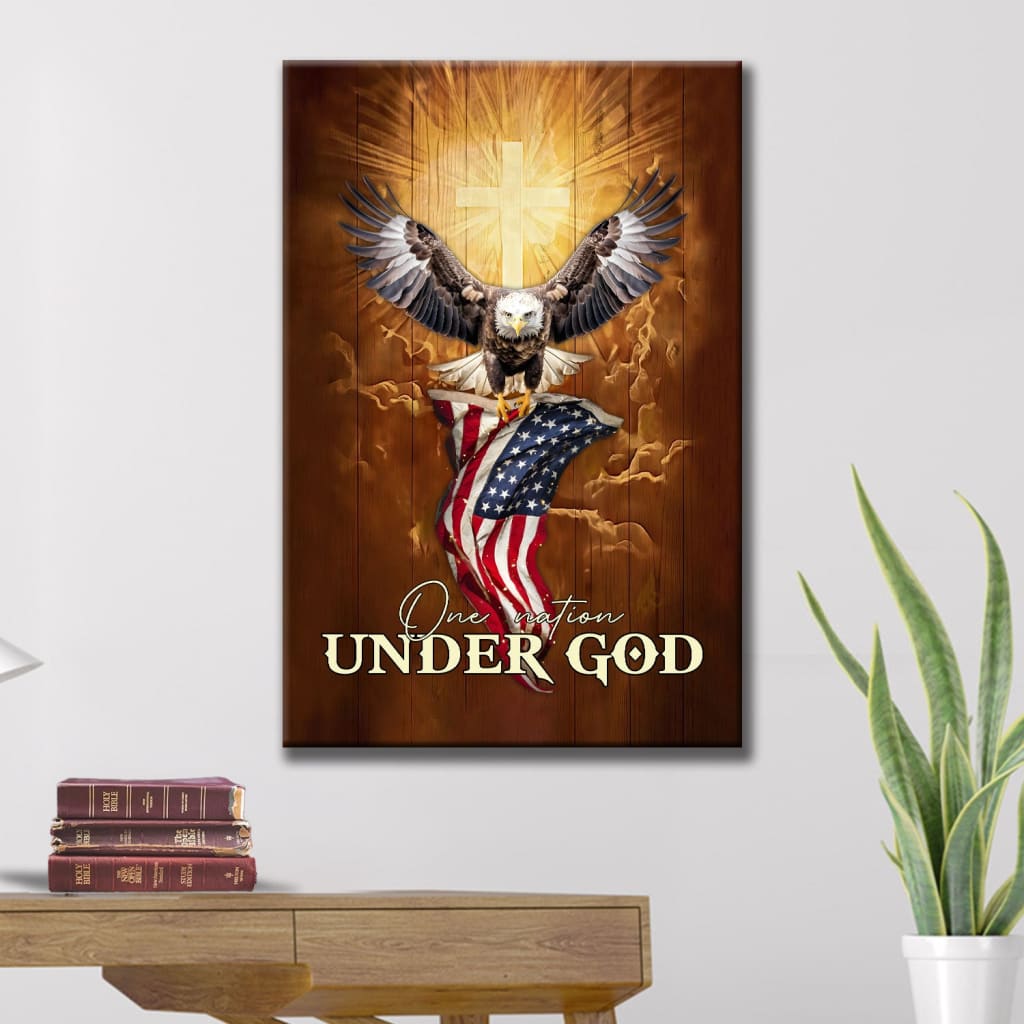 One Nation Under God, Bald Eagle With American Flag, Wall Art Canvas