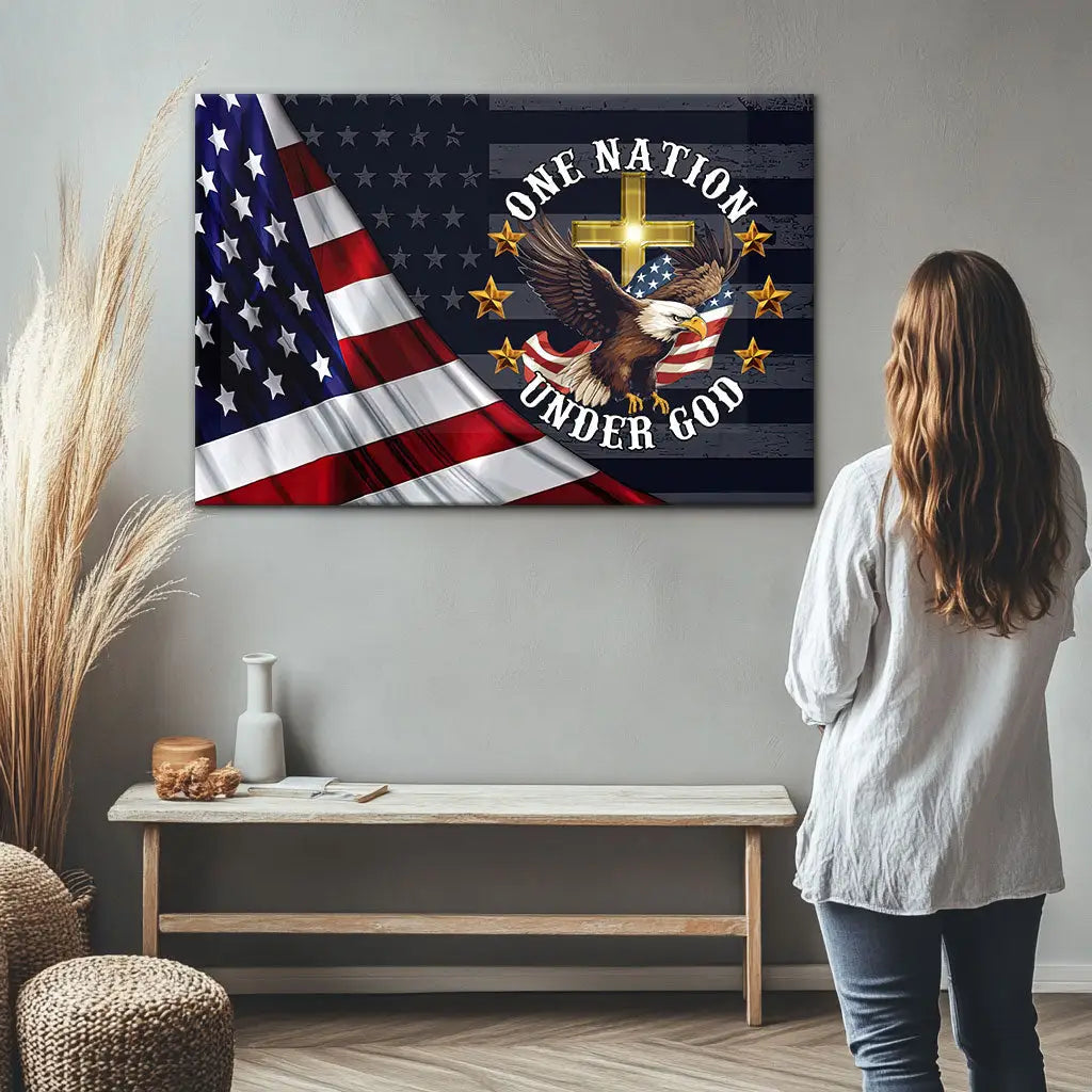 One Nation Under God, Bald Eagle American Flag Cross, Wall Art Canvas