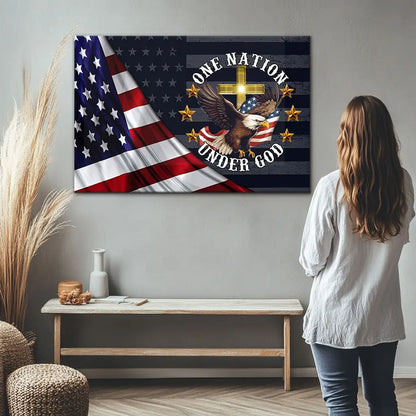 One Nation Under God, Bald Eagle American Flag Cross, Wall Art Canvas