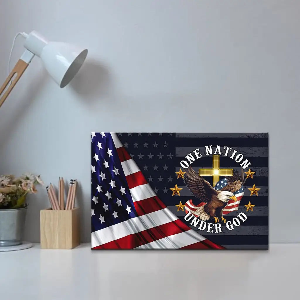 One Nation Under God, Bald Eagle American Flag Cross, Wall Art Canvas