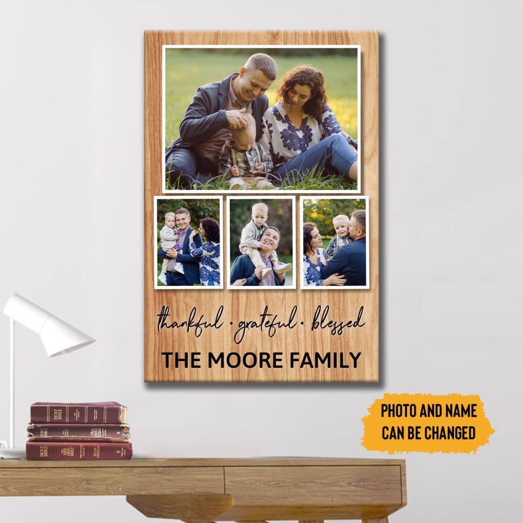 Personalized Canvas, Thankful Grateful Blessed Wall Art with Custom Family Name & Photos
