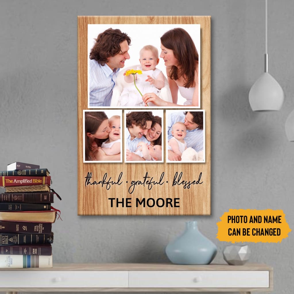 Personalized Canvas, Thankful Grateful Blessed Wall Art with Custom Family Name & Photos