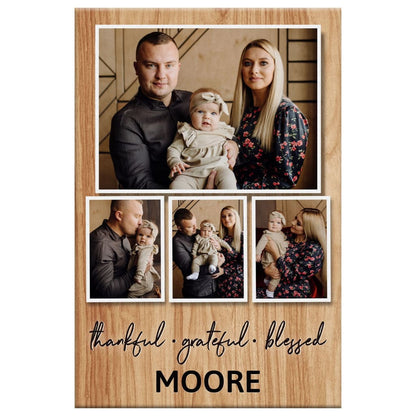 Personalized Canvas, Thankful Grateful Blessed Wall Art with Custom Family Name & Photos