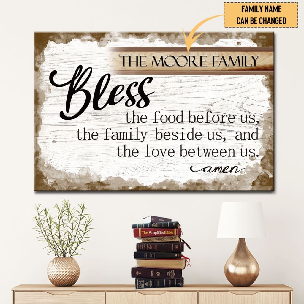 Personalized Family Name "Bless the Food Before Us" Christian Wall Art Canvas Print