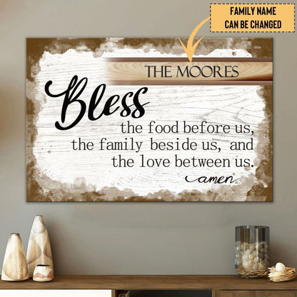 Personalized Family Name "Bless the Food Before Us" Christian Wall Art Canvas Print