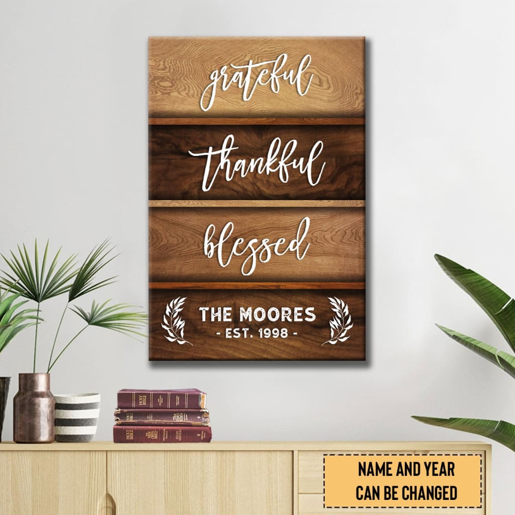 Grateful, Thankful, Blessed – Personalized Family Name & Established Year, Christian Wall Art Canvas