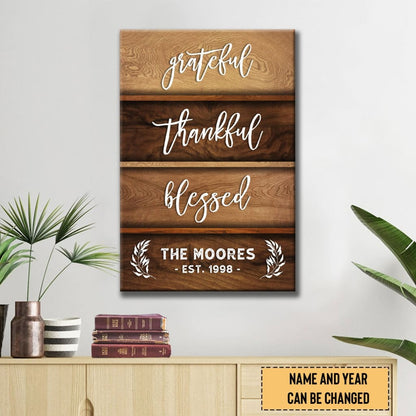 Grateful, Thankful, Blessed – Personalized Family Name & Established Year, Christian Wall Art Canvas