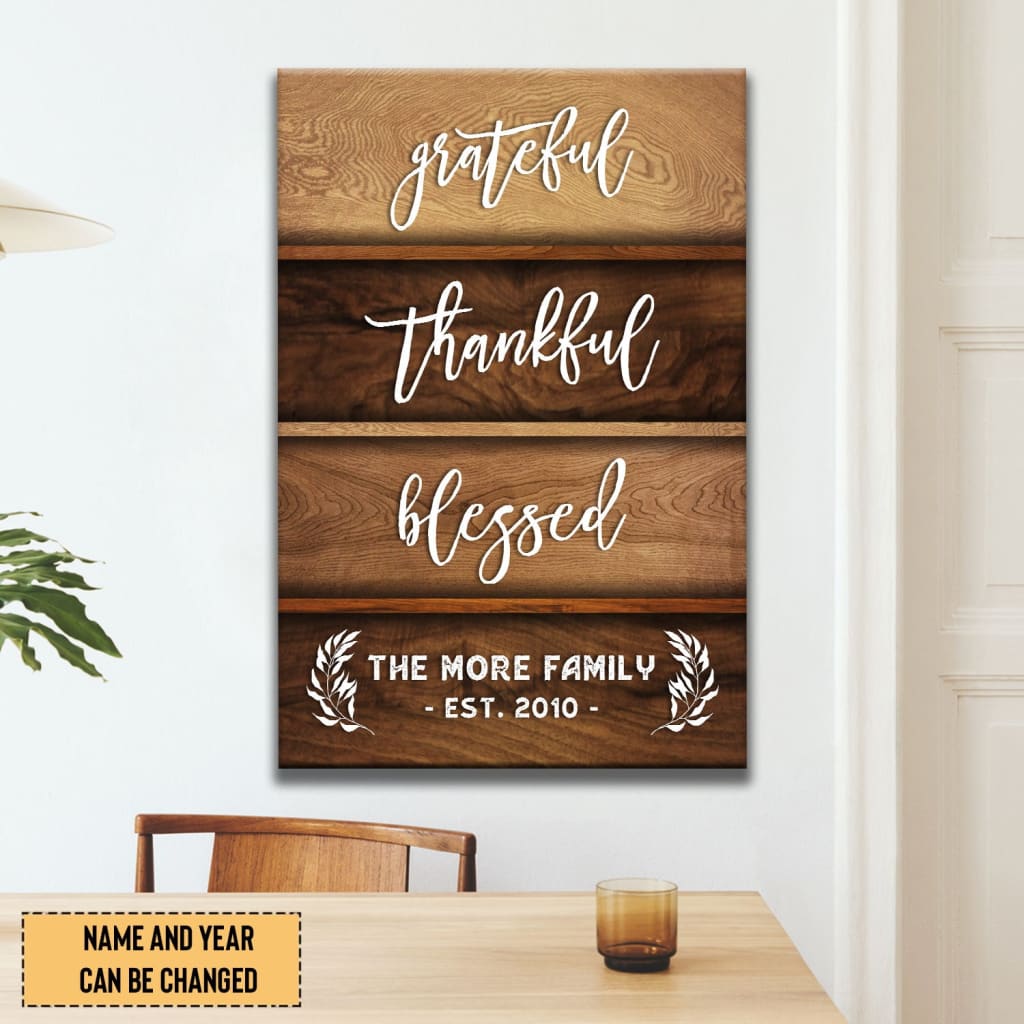 Grateful, Thankful, Blessed – Personalized Family Name & Established Year, Christian Wall Art Canvas