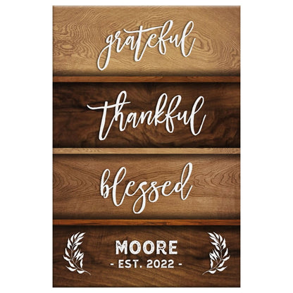 Grateful, Thankful, Blessed – Personalized Family Name & Established Year, Christian Wall Art Canvas