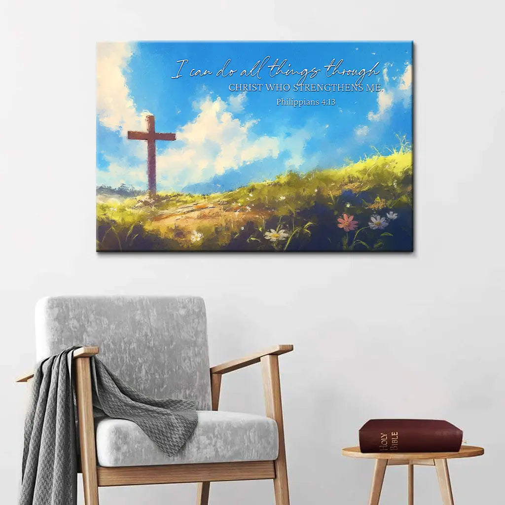I Can Do All Things Through Christ, Wooden Cross, Philippians 4:13 Wall Art Canvas Print