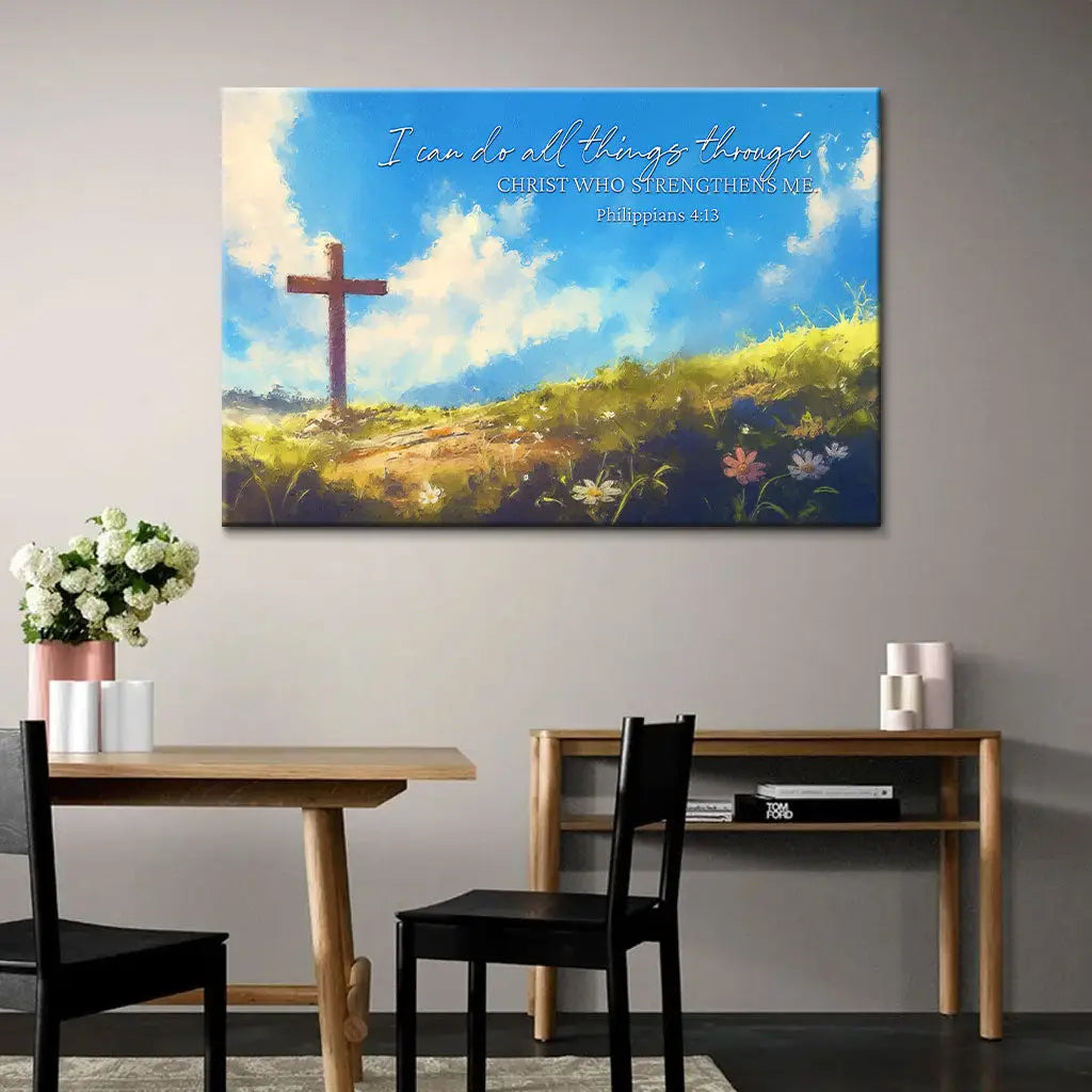 I Can Do All Things Through Christ, Wooden Cross, Philippians 4:13 Wall Art Canvas Print