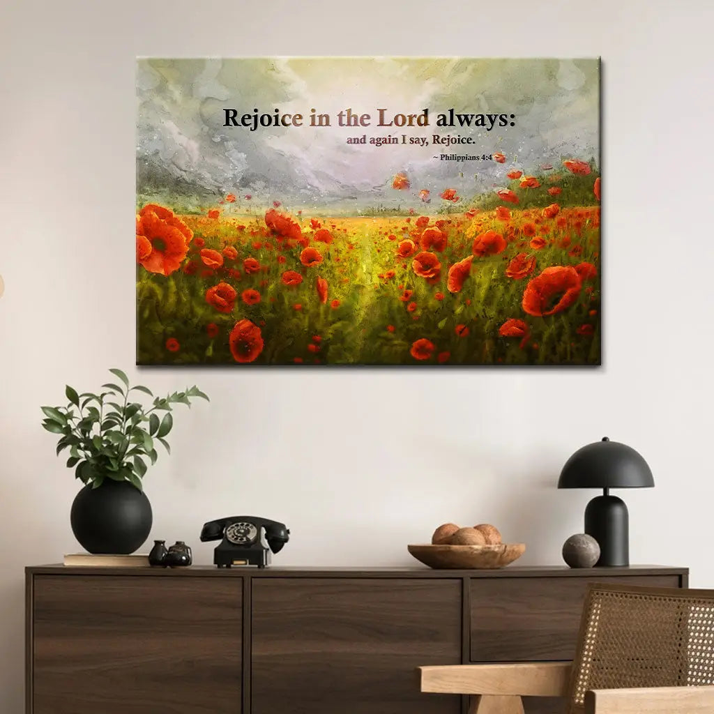 Philippians 4:4 Rejoice In The Lord Always Wall Art, Poppies, Christian Canvas Art