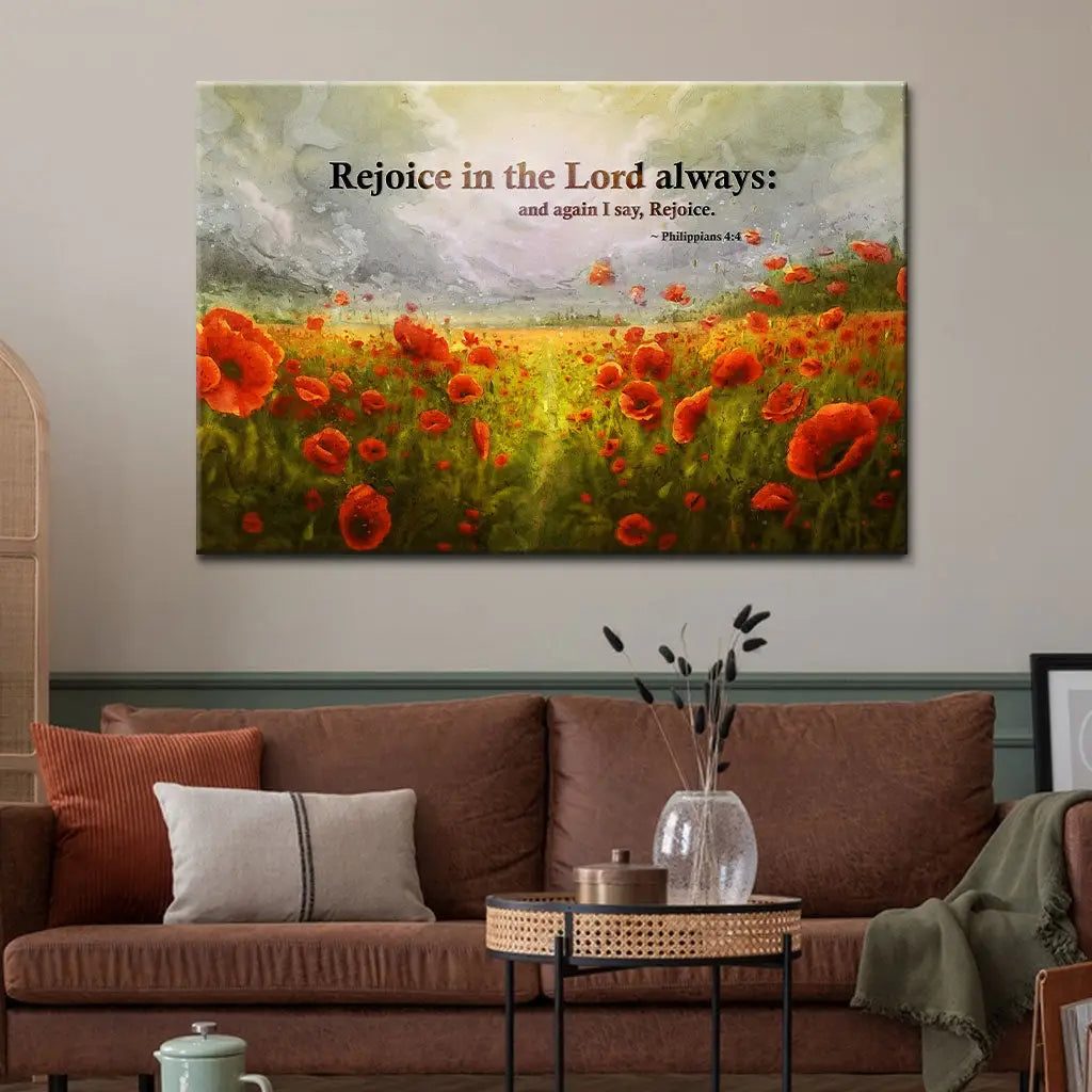 Philippians 4:4 Rejoice In The Lord Always Wall Art, Poppies, Christian Canvas Art