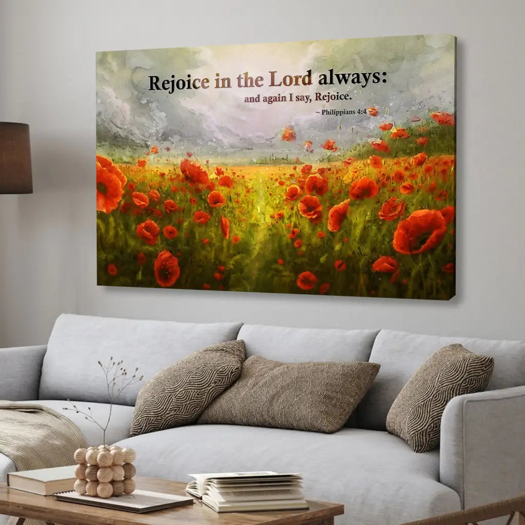 Philippians 4:4 Rejoice In The Lord Always Wall Art, Poppies, Christian Canvas Art