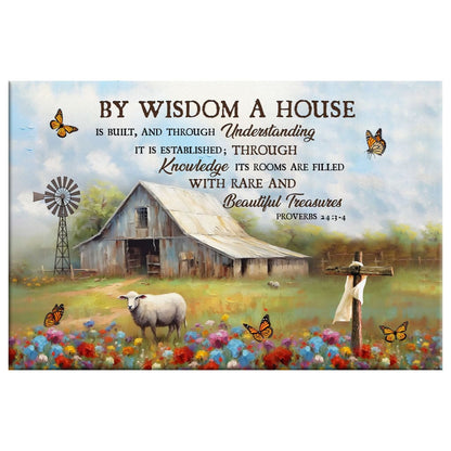 Proverbs 24:3-4 by Wisdom a House is Built Canvas, Old Barn, Sheep, Christian Wall Art