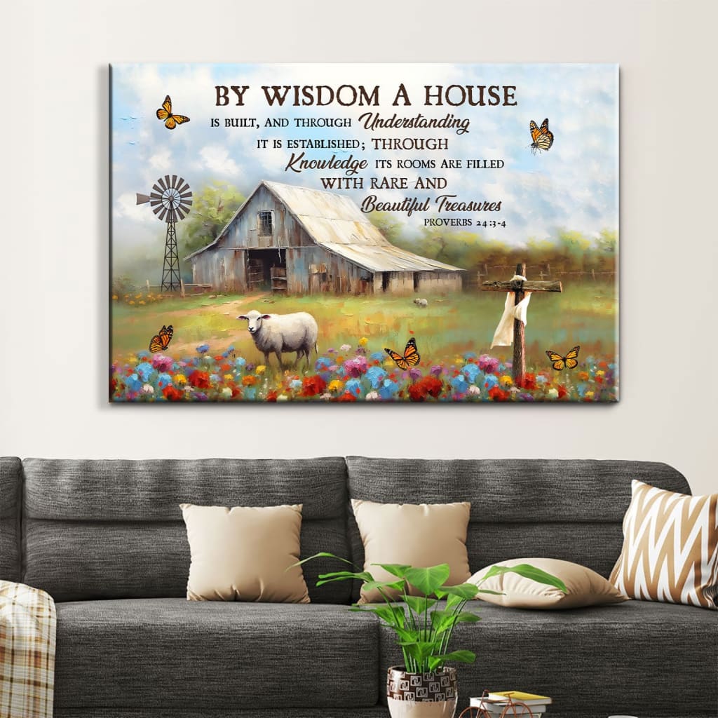 Proverbs 24:3-4 by Wisdom a House is Built Canvas, Old Barn, Sheep, Christian Wall Art