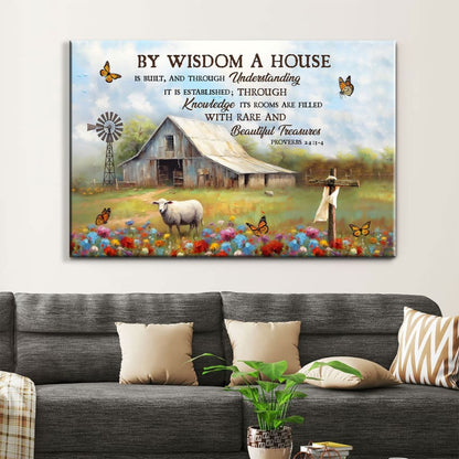Proverbs 24:3-4 by Wisdom a House is Built Canvas, Old Barn, Sheep, Christian Wall Art