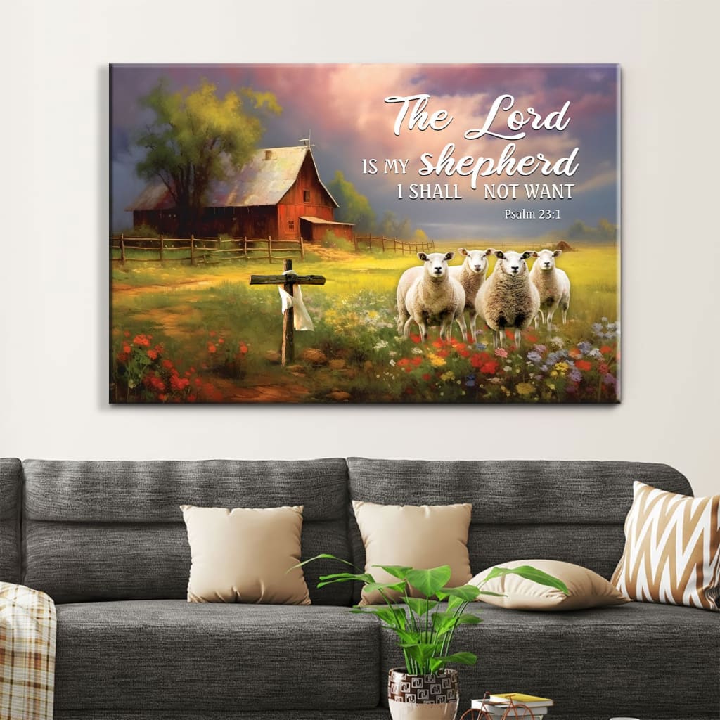The Lord Is My Shepherd, Red Barn And Sheep, Psalm 23:1 Wall Art Canvas