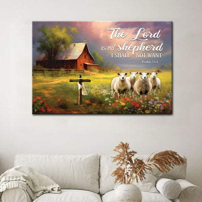 The Lord Is My Shepherd, Red Barn And Sheep, Psalm 23:1 Wall Art Canvas