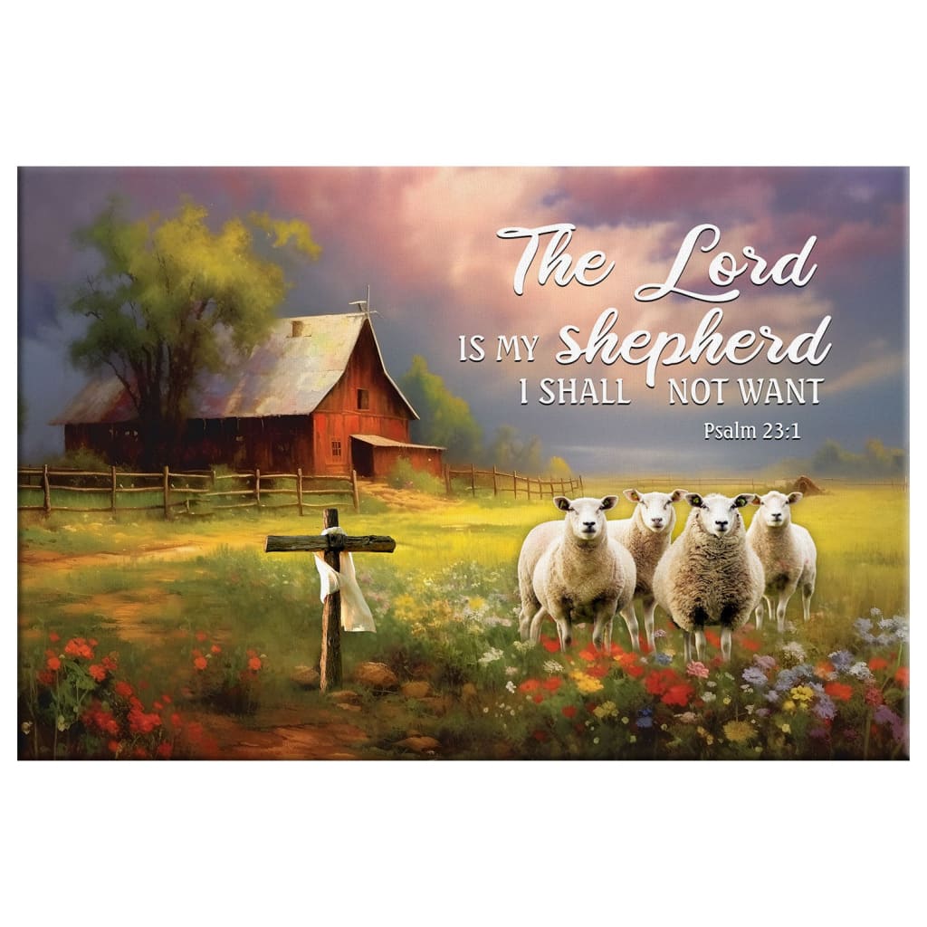 The Lord Is My Shepherd, Red Barn And Sheep, Psalm 23:1 Wall Art Canvas