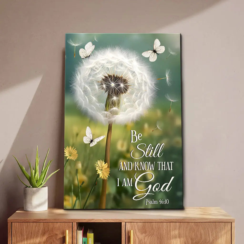 Be Still and Know, Dandelion with Butterflies – Psalm 46:10 Christian Wall Art Canvas