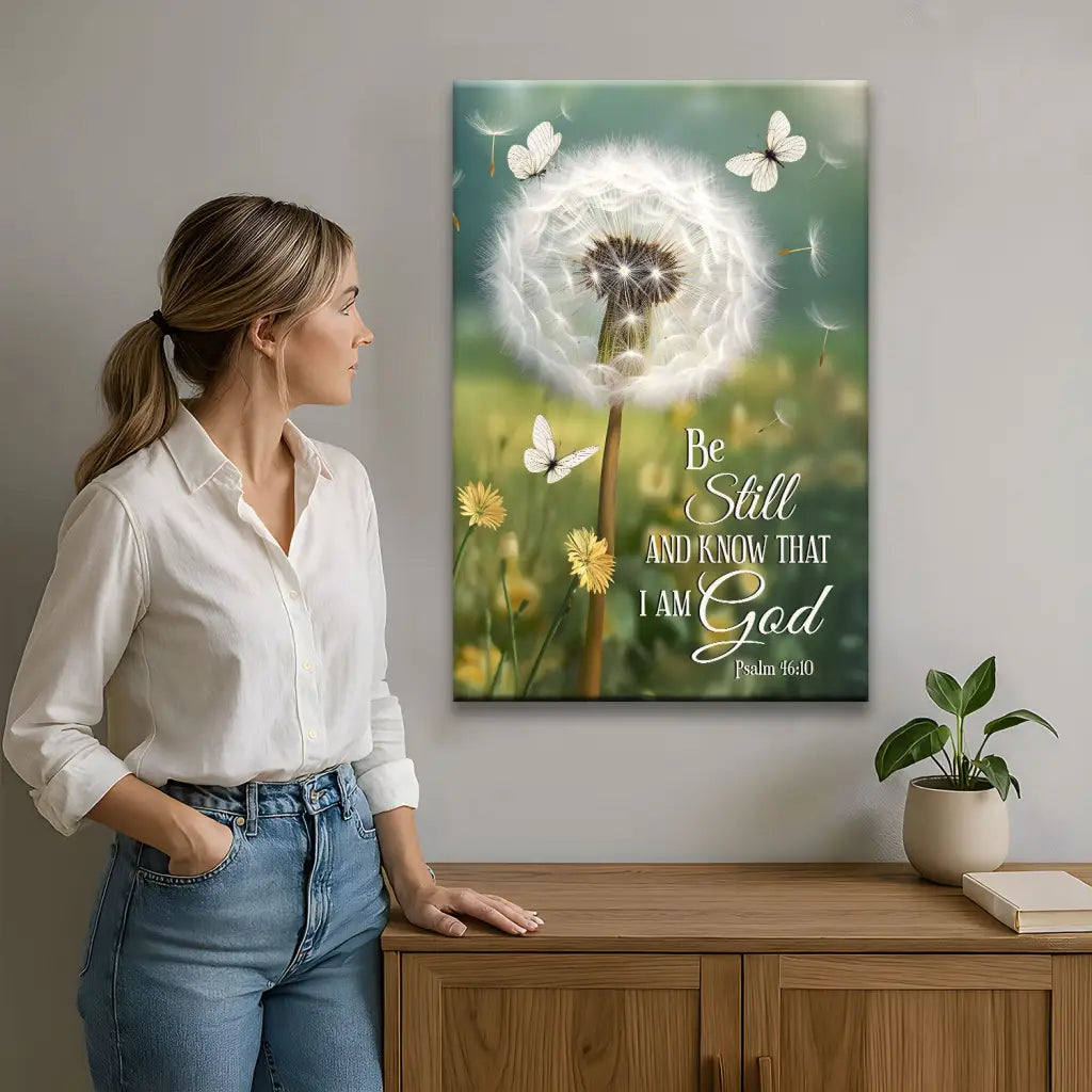 Be Still and Know, Dandelion with Butterflies – Psalm 46:10 Christian Wall Art Canvas