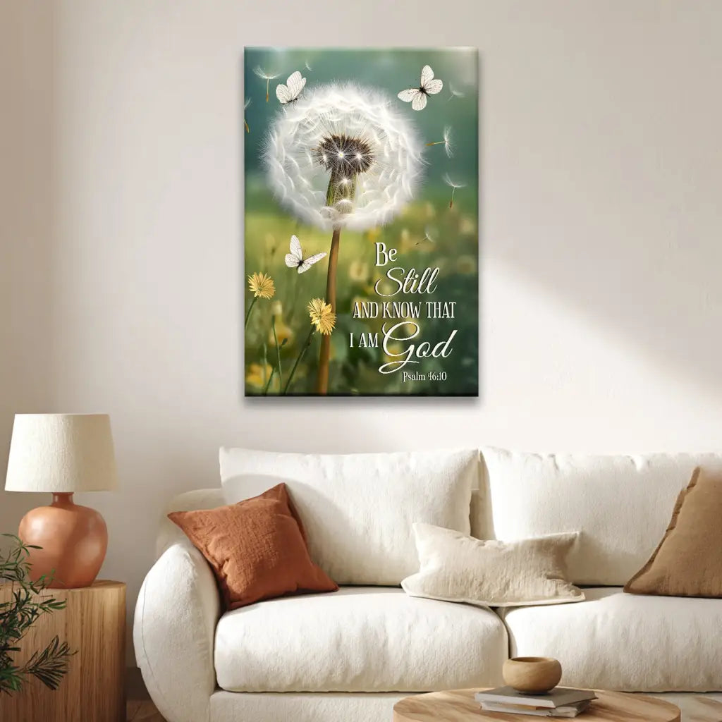 Be Still and Know, Dandelion with Butterflies – Psalm 46:10 Christian Wall Art Canvas