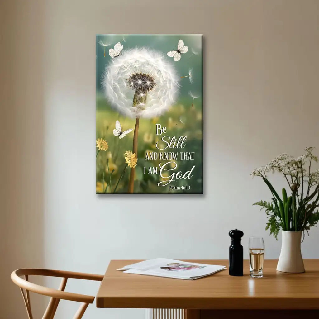 Be Still and Know, Dandelion with Butterflies – Psalm 46:10 Christian Wall Art Canvas