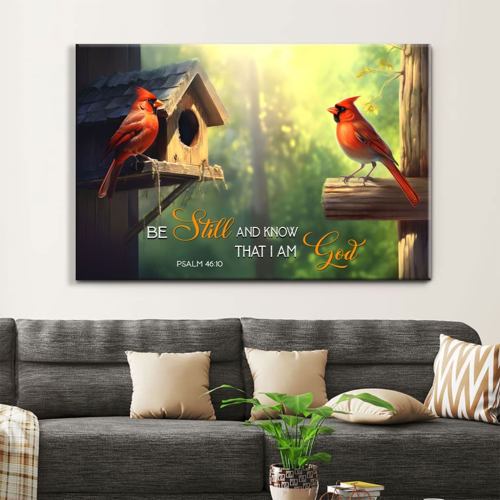 Psalm 46:10 Wall Art – "Be Still and Know That I Am God" Canvas with Cardinal Couple