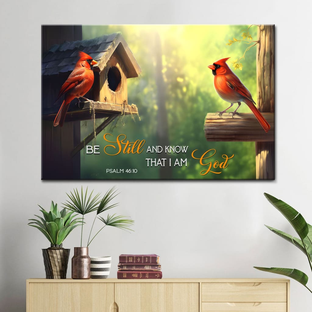 Psalm 46:10 Wall Art – "Be Still and Know That I Am God" Canvas with Cardinal Couple