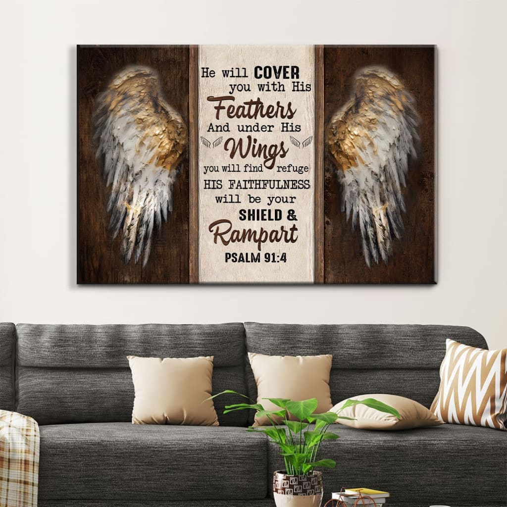 Angel Wings, Psalm 91:4 He Will Cover You With His Feathers, Bible Verse Wall Art Canvas