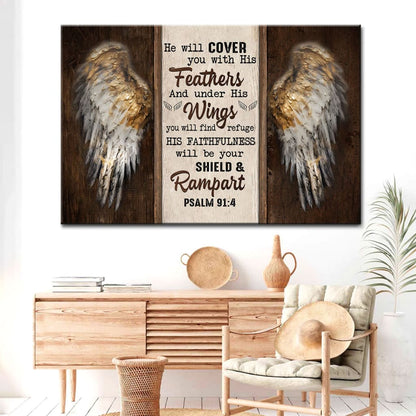 Angel Wings, Psalm 91:4 He Will Cover You With His Feathers, Bible Verse Wall Art Canvas