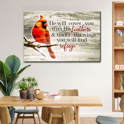He Will Cover You With His Feathers Psalm 91:4, Cardinal Bird, Wall Art Canvas