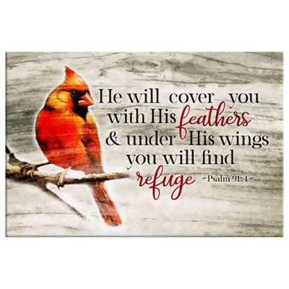 He Will Cover You With His Feathers Psalm 91:4, Cardinal Bird, Wall Art Canvas