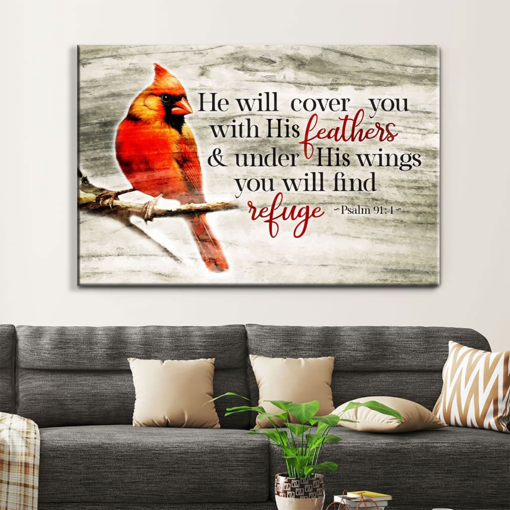 He Will Cover You With His Feathers Psalm 91:4, Cardinal Bird, Wall Art Canvas