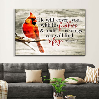 He Will Cover You With His Feathers Psalm 91:4, Cardinal Bird, Wall Art Canvas