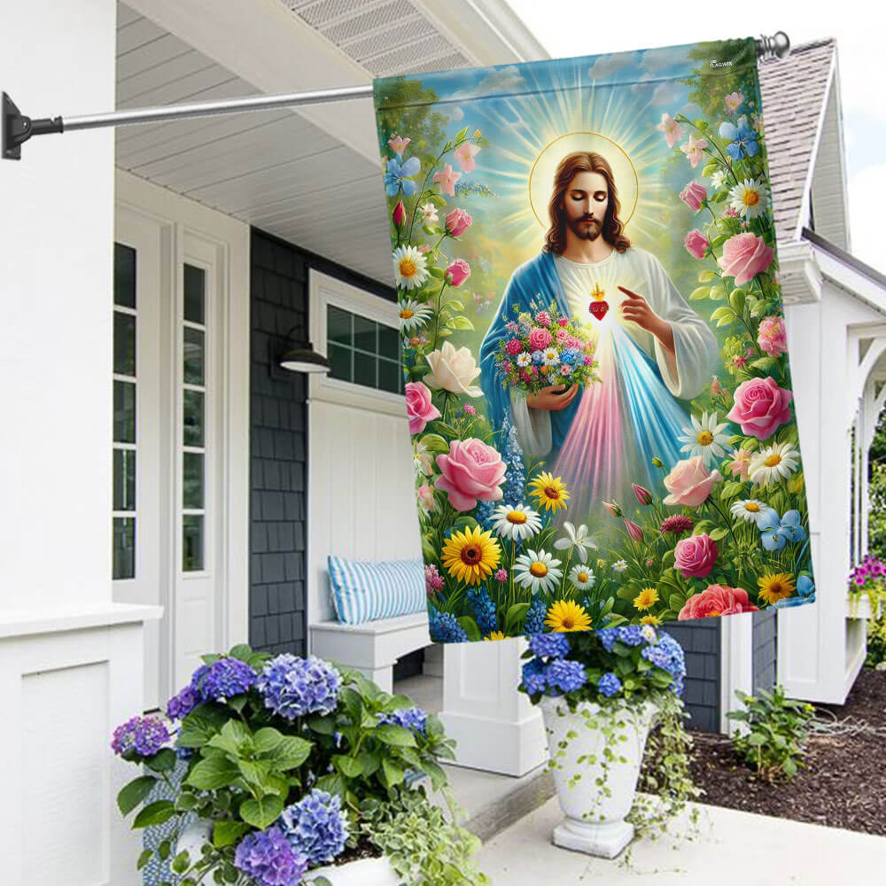 Jesus Holding Flowers Garden Spring Flag