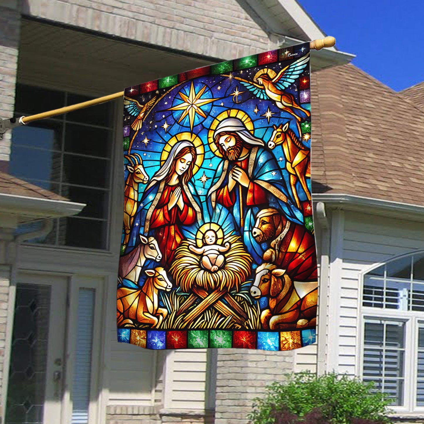 Nativity of Jesus Stained Glass Christmas Flag