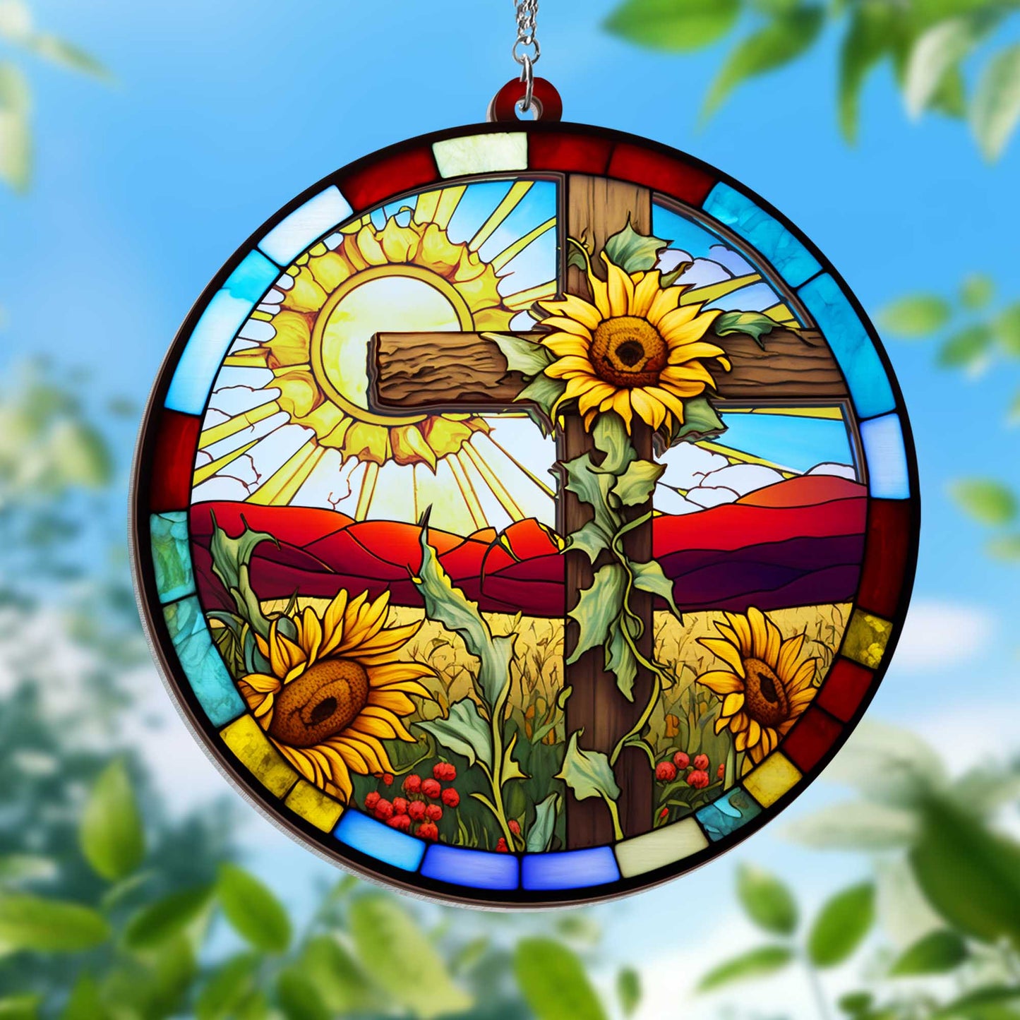 Christian Cross Sunflower 2 Layered Hanging Suncatcher