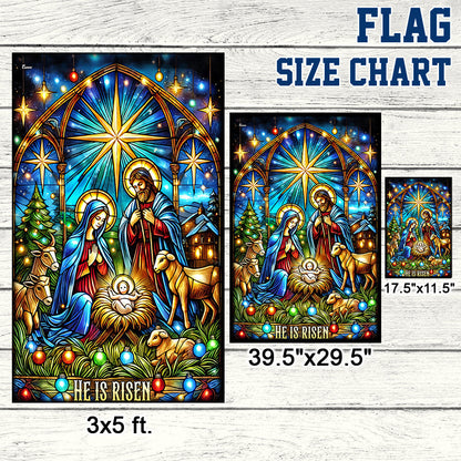 Nativity of Jesus Stained Glass Christmas He Is Risen Flag