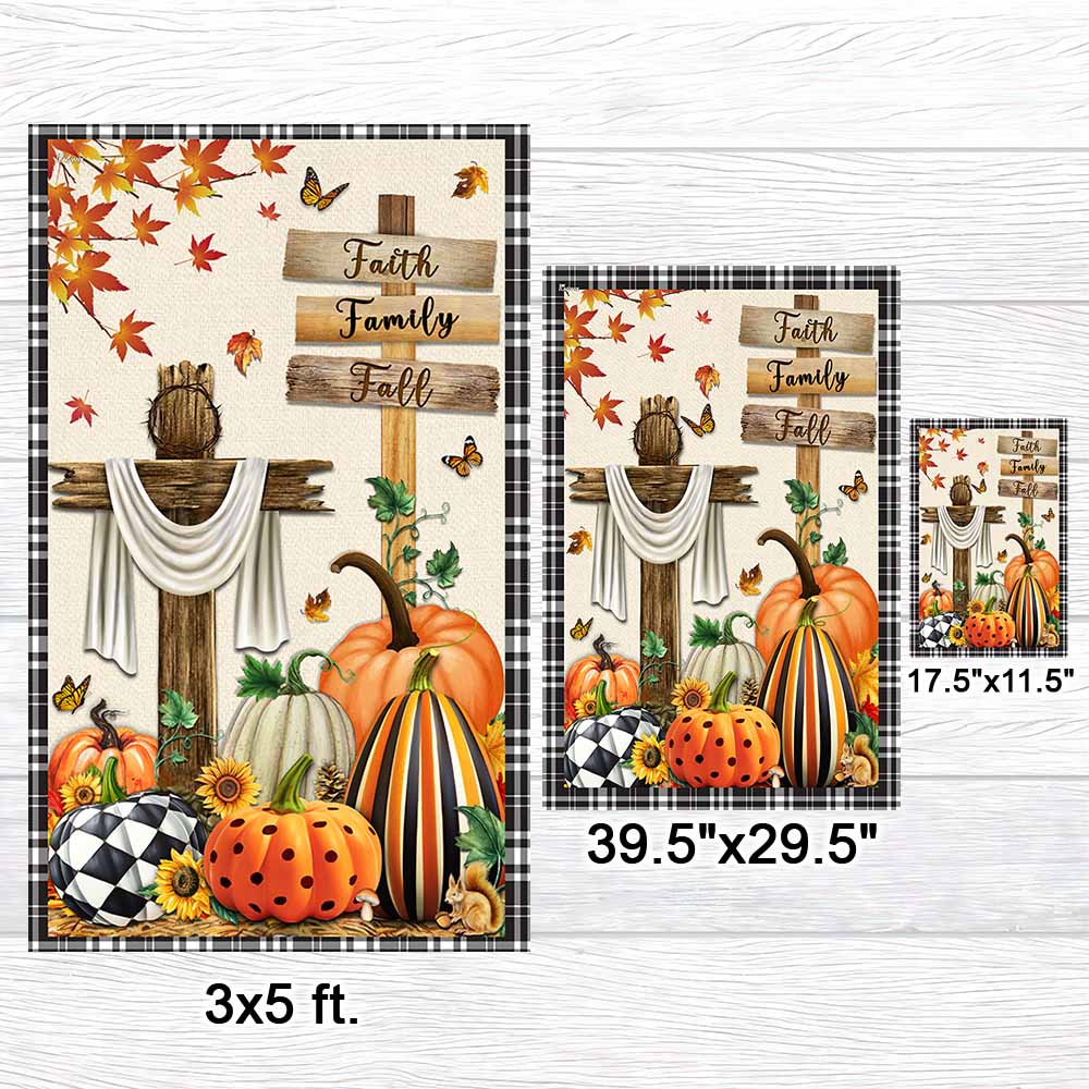 Fall Flag Faith, Family, Fall Christian Cross Pumpkins Thanksgiving Flag TPT352Fv2