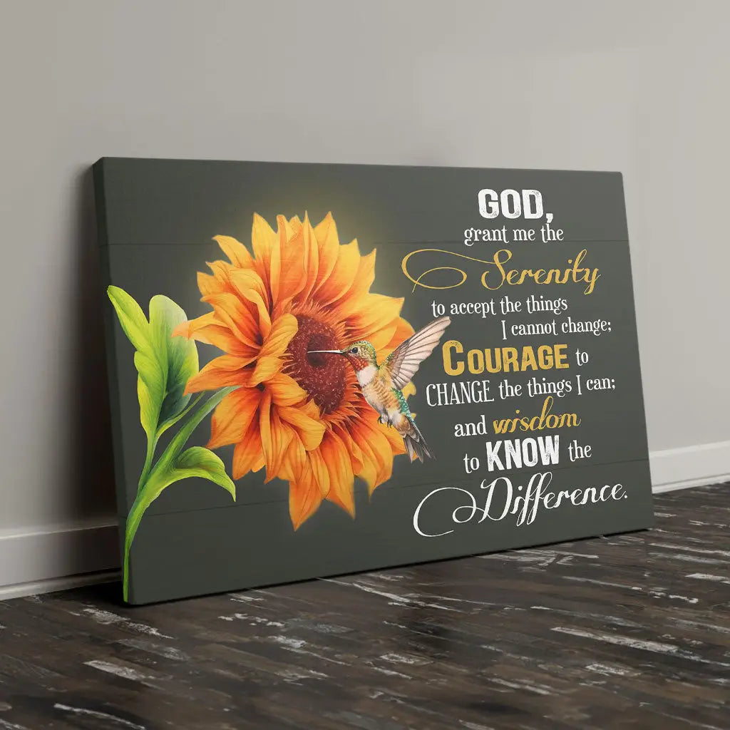 Serenity Prayer Canvas, Hummingbird Sunflower, Christian Wall Art